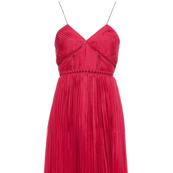 NEW SELF-PORTRAIT Layered lace and pleated chiffon midi dress hot pink NWT - Picture 2 of 9